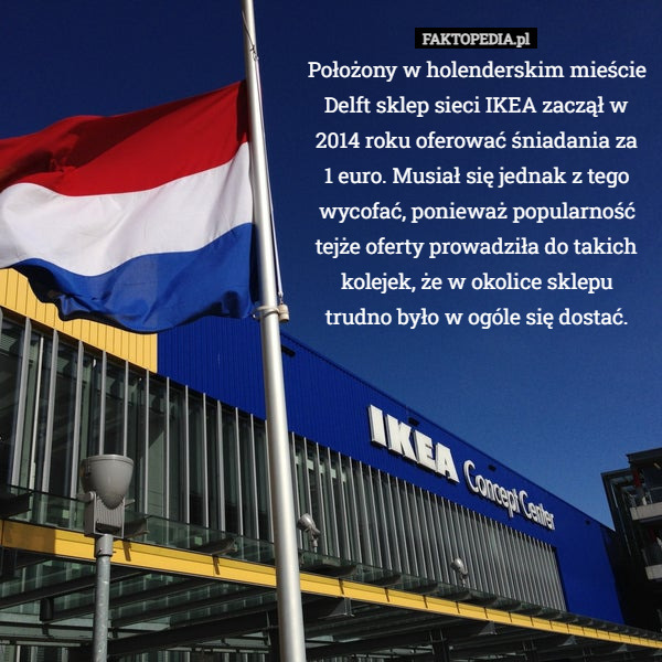 Położony w holenderskim mieście Delft sklep sieci IKEA zaczął w 2014 roku oferować śniadania za
1 euro. Musiał się jednak z tego wycofać, ponieważ popularność tejże oferty prowadziła do takich kolejek, że w okolice sklepu trudno było w ogóle się dostać. 