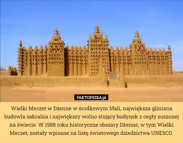 Wielki Meczet w Dżenne w środkowym Mali, największa gliniana budowla sakralna i największy wolno stojący budynek z cegły suszonej na świecie. W 1988 roku historyczne obszary Dżenne, w tym Wielki Meczet, zostały wpisane na listę światowego dziedzictwa UNESCO. 