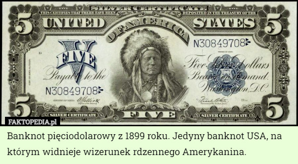 Banknot pięciodolarowy z 1899 roku. Jedyny banknot USA, na którym widnieje wizerunek rdzennego Amerykanina. 