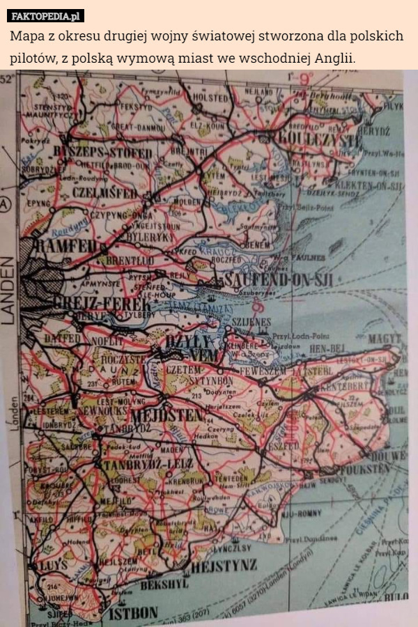 Mapa z okresu drugiej wojny światowej stworzona dla polskich pilotów, z polską wymową miast we wschodniej Anglii. 