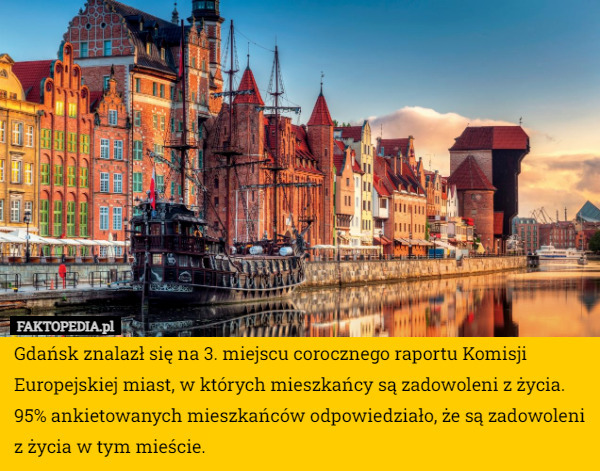 Gdańsk znalazł się na 3. miejscu corocznego raportu Komisji Europejskiej miast, w których mieszkańcy są zadowoleni z życia. 95% ankietowanych mieszkańców odpowiedziało, że są zadowoleni z życia w tym mieście. 