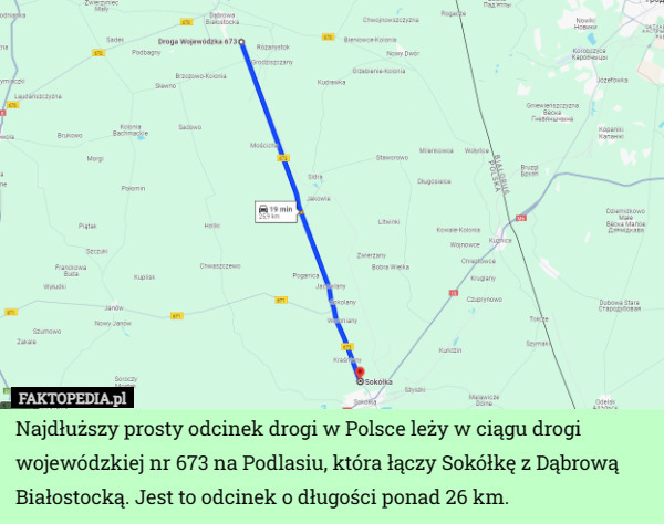 Najdłuższy prosty odcinek drogi w Polsce leży w ciągu drogi wojewódzkiej nr 673 na Podlasiu, która łączy Sokółkę z Dąbrową Białostocką. Jest to odcinek o długości ponad 26 km. 