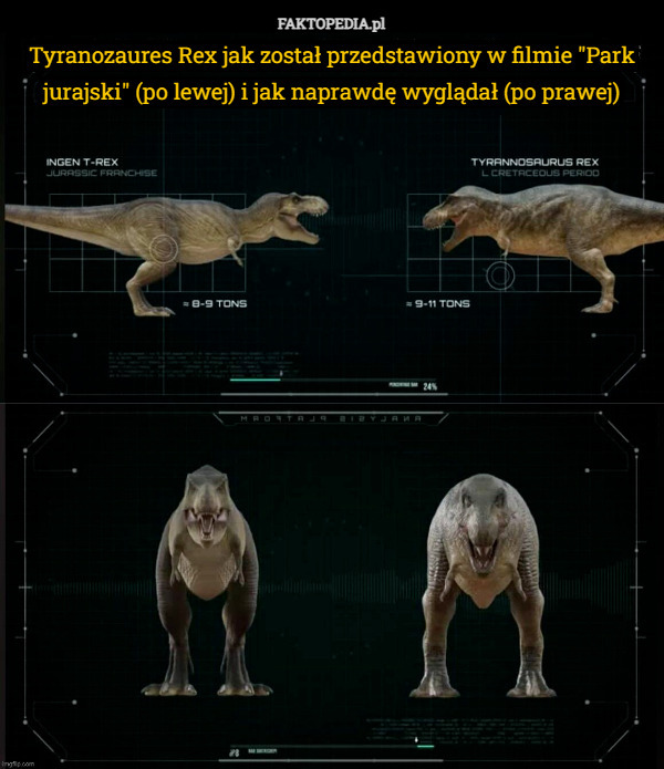 Tyranozaures Rex jak został przedstawiony w filmie "Park jurajski" (po lewej) i jak naprawdę wyglądał (po prawej) 
