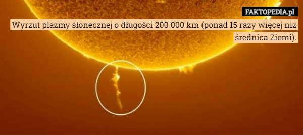 Wyrzut plazmy słonecznej o długości 200 000 km (ponad 15 razy więcej niż średnica Ziemi). 