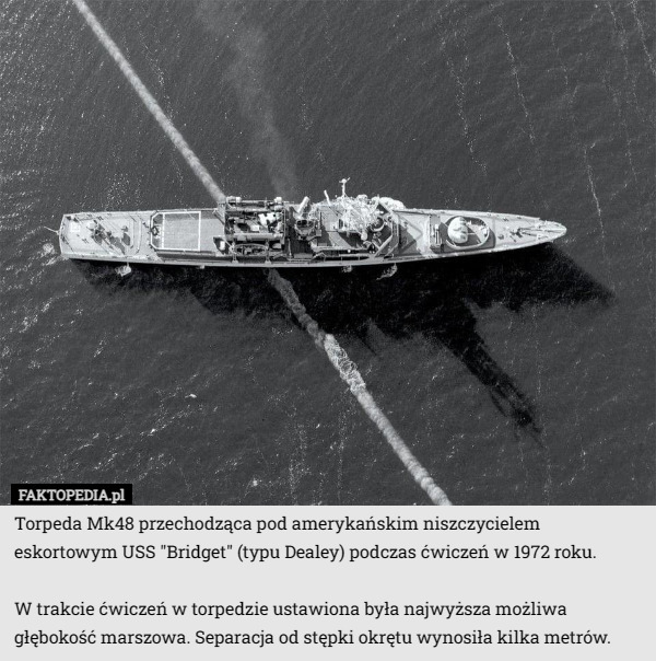 Torpeda Mk48 przechodząca pod amerykańskim niszczycielem eskortowym USS "Bridget" (typu Dealey) podczas ćwiczeń w 1972 roku.

W trakcie ćwiczeń w torpedzie ustawiona była najwyższa możliwa głębokość marszowa. Separacja od stępki okrętu wynosiła kilka metrów. 