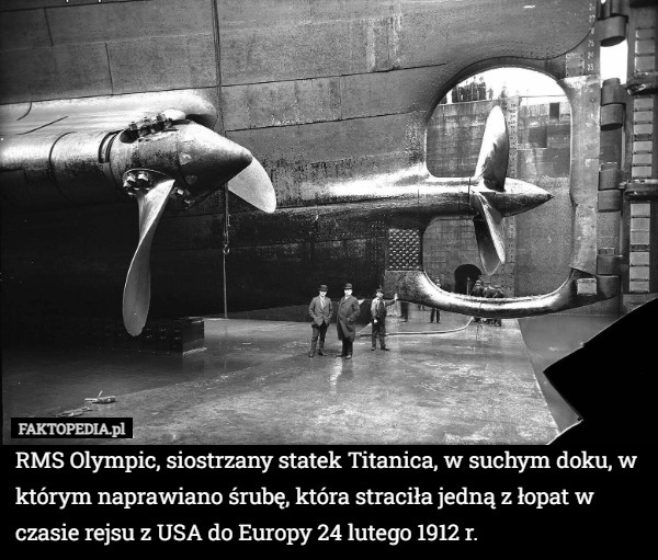 RMS Olympic, siostrzany statek Titanica, w suchym doku, w którym naprawiano śrubę, która straciła jedną z łopat w czasie rejsu z USA do Europy 24 lutego 1912 r. 