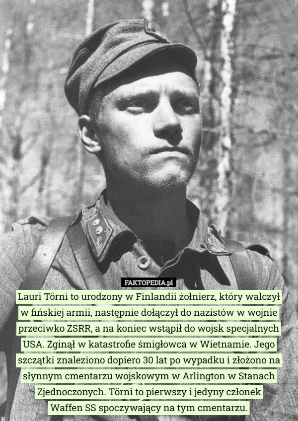 Lauri Törni to urodzony w Finlandii żołnierz, który walczył
 w fińskiej armii, następnie dołączył do nazistów w wojnie przeciwko ZSRR, a na koniec wstąpił do wojsk specjalnych USA. Zginął w katastrofie śmigłowca w Wietnamie. Jego szczątki znaleziono dopiero 30 lat po wypadku i złożono na słynnym cmentarzu wojskowym w Arlington w Stanach Zjednoczonych. Törni to pierwszy i jedyny członek
Waffen SS spoczywający na tym cmentarzu. 