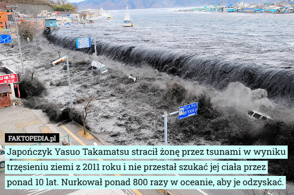 Japończyk Yasuo Takamatsu stracił żonę przez tsunami w wyniku trzęsieniu ziemi z 2011 roku i nie przestał szukać jej ciała przez ponad 10 lat. Nurkował ponad 800 razy w oceanie, aby je odzyskać. 