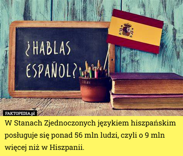 W Stanach Zjednoczonych językiem hiszpańskim posługuje się ponad 56 mln ludzi, czyli o 9 mln więcej niż w Hiszpanii. 