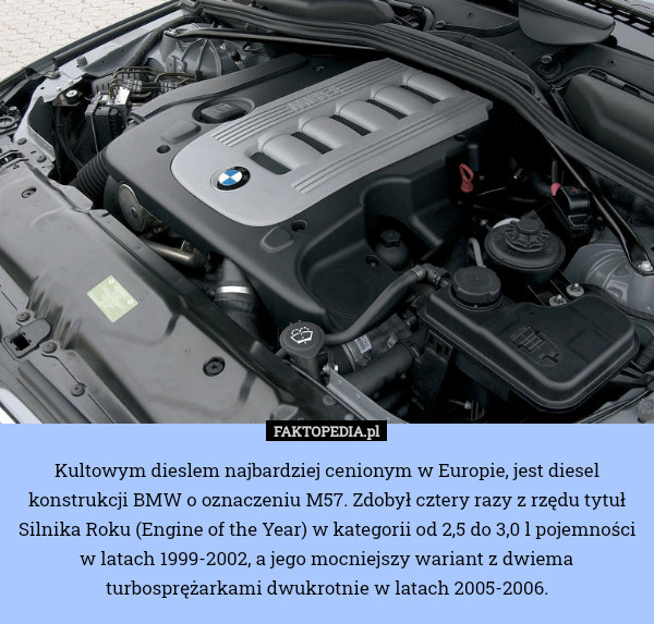 Kultowym dieslem najbardziej cenionym w Europie, jest diesel konstrukcji BMW o oznaczeniu M57. Zdobył cztery razy z rzędu tytuł Silnika Roku (Engine of the Year) w kategorii od 2,5 do 3,0 l pojemności w latach 1999-2002, a jego mocniejszy wariant z dwiema turbosprężarkami dwukrotnie w latach 2005-2006. 