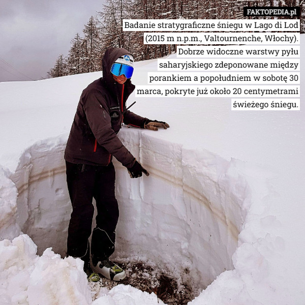 Badanie stratygraficzne śniegu w Lago di Lod (2015 m n.p.m., Valtournenche, Włochy). Dobrze widoczne warstwy pyłu saharyjskiego zdeponowane między porankiem a popołudniem w sobotę 30 marca, pokryte już około 20 centymetrami świeżego śniegu. 