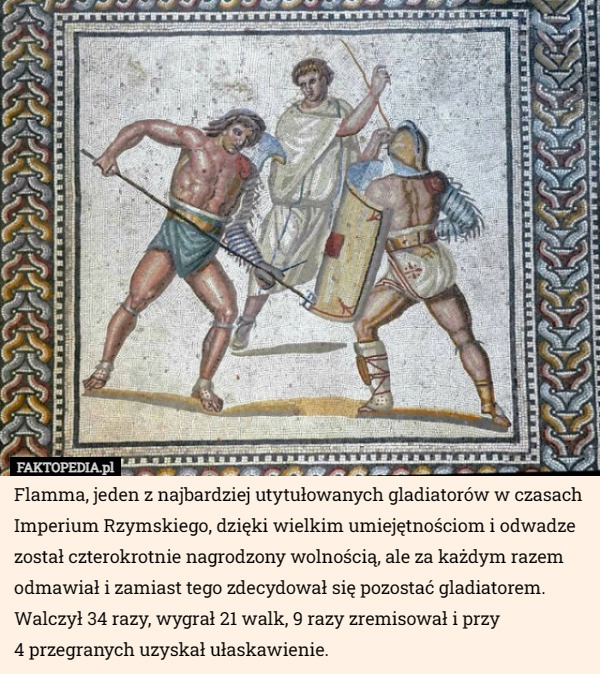 Flamma, jeden z najbardziej utytułowanych gladiatorów w czasach Imperium Rzymskiego, dzięki wielkim umiejętnościom i odwadze został czterokrotnie nagrodzony wolnością, ale za każdym razem odmawiał i zamiast tego zdecydował się pozostać gladiatorem.
Walczył 34 razy, wygrał 21 walk, 9 razy zremisował i przy
 4 przegranych uzyskał ułaskawienie. 