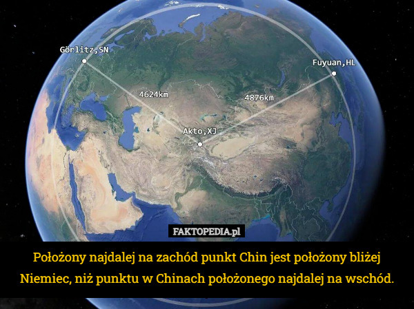Położony najdalej na zachód punkt Chin jest położony bliżej Niemiec, niż punktu w Chinach położonego najdalej na wschód. 