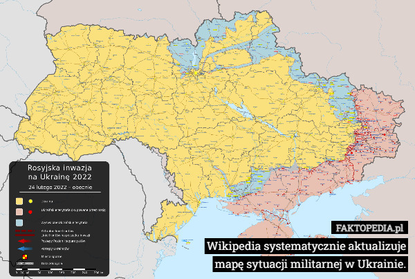 Wikipedia systematycznie aktualizuje mapę sytuacji militarnej w Ukrainie. 